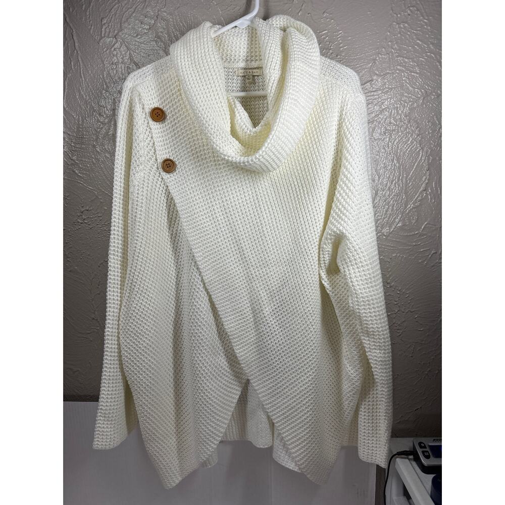 NWOT Kate‎ & Sam Button Cowlneck Sweater Ivory Tulip Hem Waffle Knit Size XL